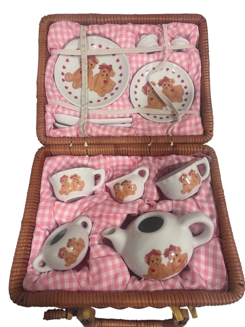 Children's Tea Set with Teddy Bear Motif - Pink & White (One broken plate)
